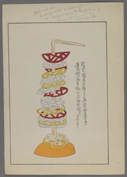 Japanische Spielzeuge, aus Unai no tomo (Ein Kinderfreund) von Shimizu Seifu, 1891-1923. Durchbrochene geometrische Scheiben auf Stab.